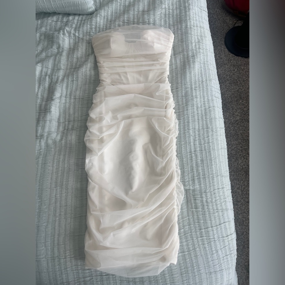 Oh Polly White Ruched Strapless Bodycon Dress